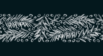 Olive branch seamless pattern on chalkboard. Vector banner design with leaves and fruits sketches in vintage style. Vegetable oil ingredients ribbon. Olive plant border template for print or packaging